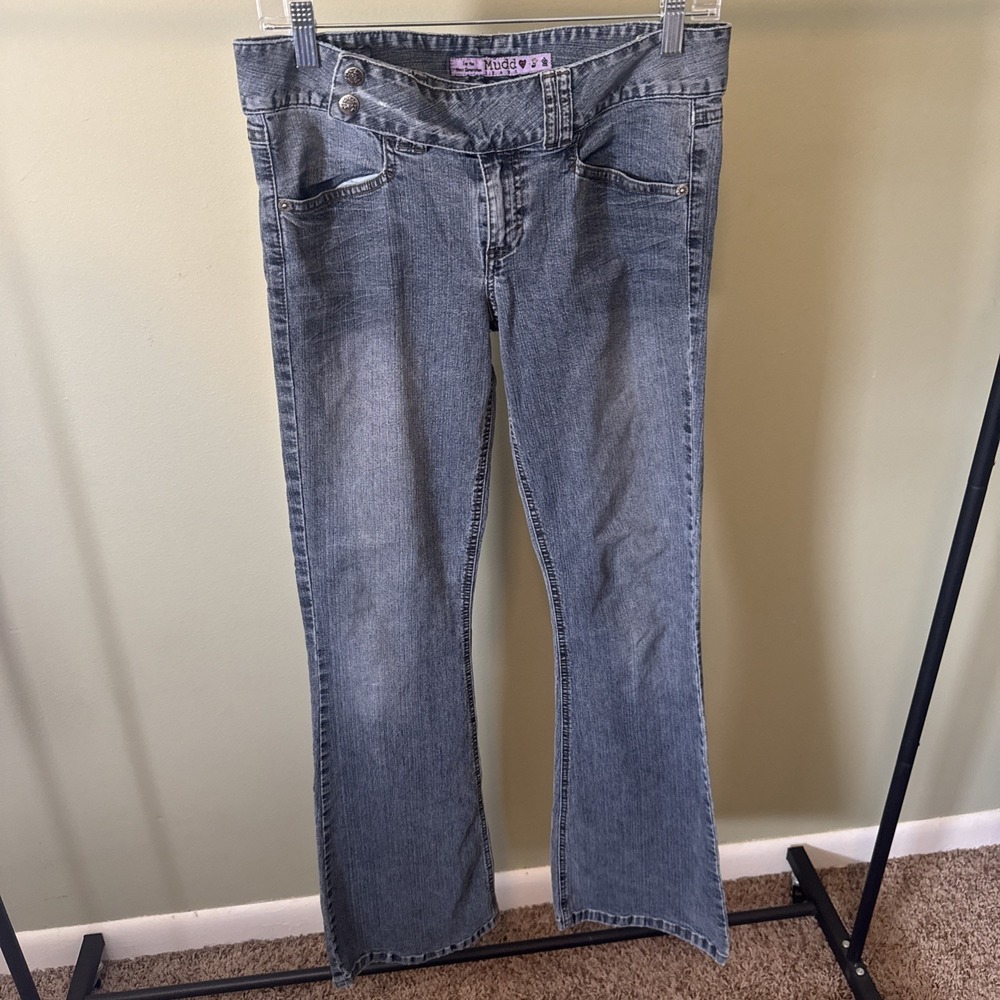 Mudd Jeans Y2K Flare Low Rise Double Button Blue Pink Threading Juniors Size 7
